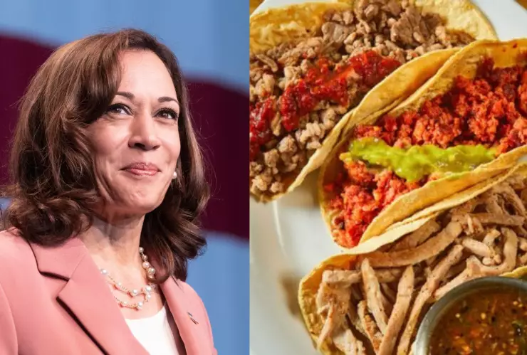 La vicepresidenta de EU Kamala Harris y una foto de tacos de Taquearte
