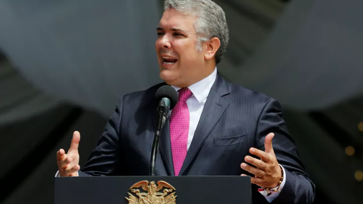El presidente colombiano, Iván Duque, durante un discurso en la Feria Aeronáutica Internacional F Air Colombia 2019. Imagen, Reuters.