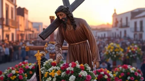 La Semana Santa 2025 se representa con una imagen de cristo, procesiones, flores de colores.