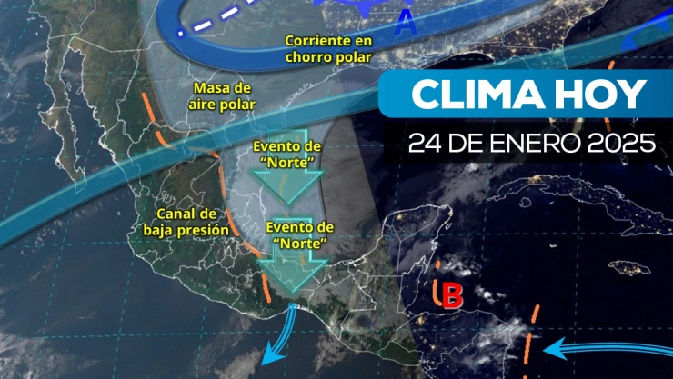 Mapa satelital del clima en México 24 de enero de 2025, según el SMN.