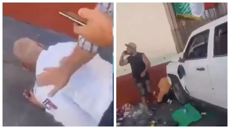 Trágico accidente en Aguascalientes: Conductor arrolla y mata a comerciante de artesanías; policía resulta herido. En la imagen se observa cómo la camioneta impactó contra el negocio de de artesanías y las heridas sufridas del policía mientras era atendido.