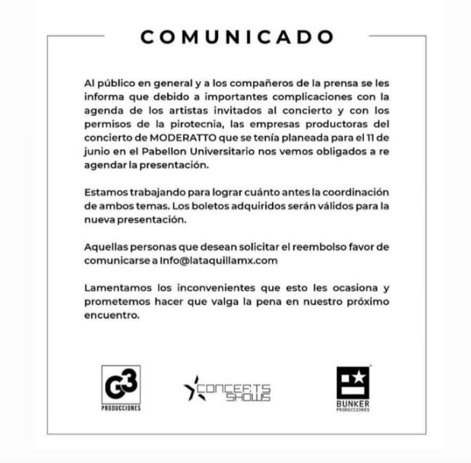 Tequila Sound Festival cancela fecha de Moderatto el 11 de junio