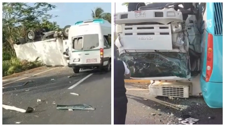 Choque múltiple en Playa del Carmen, Quintana Roo: Camión de carga, van y autobús colisionan en aparatoso accidente