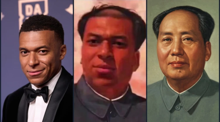 Composición fotográfica de tres paneles que muestra al futbolista Kylian Mbappé a la izquierda, el polémico meme con su rostro editado en el centro y el retrato original del líder chino Mao Zedong a la derecha.