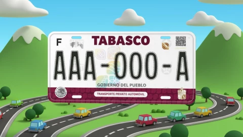 Ilustración de una placa vehicular 2026 del estado de Tabasco sobre una carretera con autos, relacionada con el canje de placas.