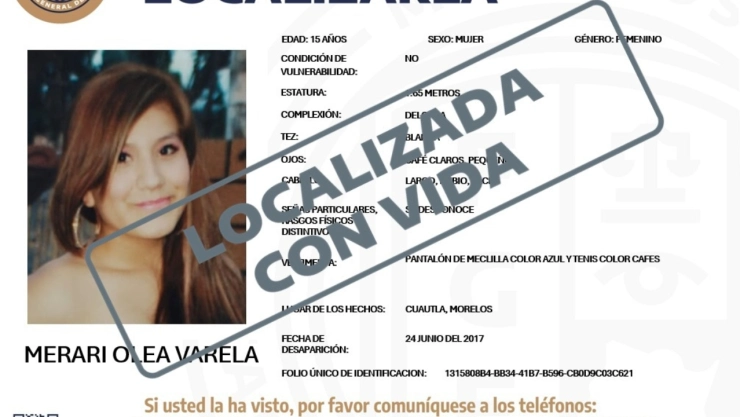 Localizan a Merari Olea Varela, desaparecida en Cuautla, Morelos, en 2017.