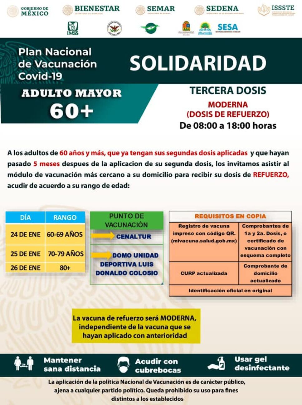 Fechas para tercera dosis en adultos mayores de 60 años en Solidaridad
