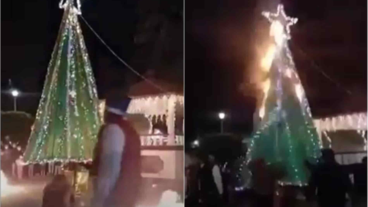 VIDEO: Intentan prender Árbol de Navidad en Tula y lo incendian