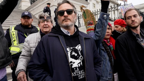 Actor Joaquin Phoenix takes part in a “Fire Drill Fridays” protest calling attention to climate change at the U.S. Capitol in Washington