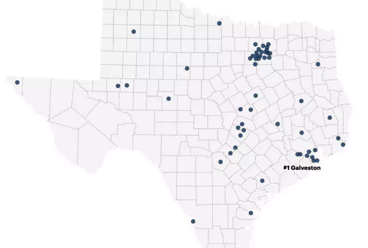 Mapa de las ciudades donde peores manejan en Texas