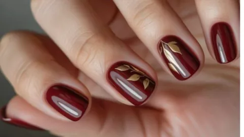 uñas gelish vino con mano alzada dorado