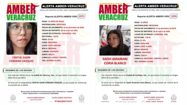Alerta Amber Veracruz: Desaparecen Saedi Amairani Coria Blanco y Cristal Saori Cordero Vázquez