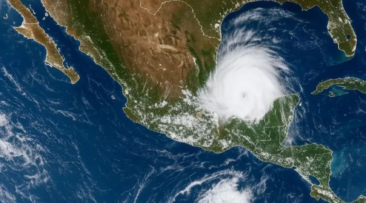 (Imagen generada con inteligencia artificial) Un mapa satelital de cómo se vería la temporada de huracanes 2025 en México.