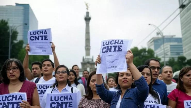 (Imagen realizada con inteligencia artificial) Maestros del CNTE se manifiestan frente al Ángel de la Independiencia.