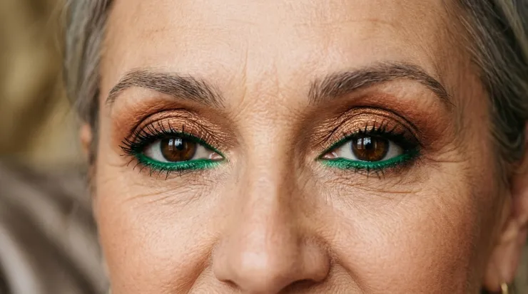 Maquillaje verde esmeralda para ojos marrones y piel madura