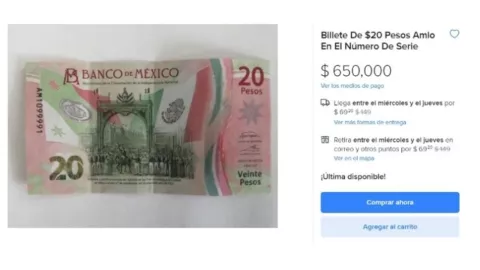 Billete de 20 pesos se vende en Internet