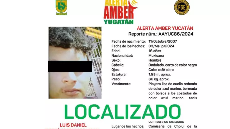 Alerta Amber_ Localizan a joven de 16 años reportado como desaparecido en Yucatán