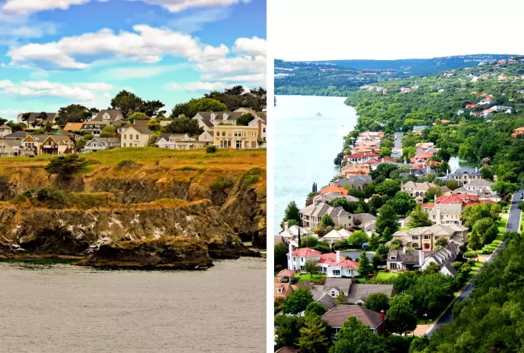 una imagen dividida de la ciudad de Mendocino, California y el lago Austin, Texas.