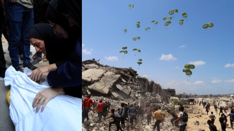 Civiles palestinos se agolpan en un punto de distribución de ayuda en Gaza.