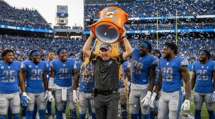 Jugadores lanzan gatorade a su entrenador en el Super Bowl.