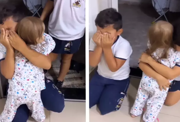 Niña con cáncer abraza a sus hermanos tras estar hospitalizada