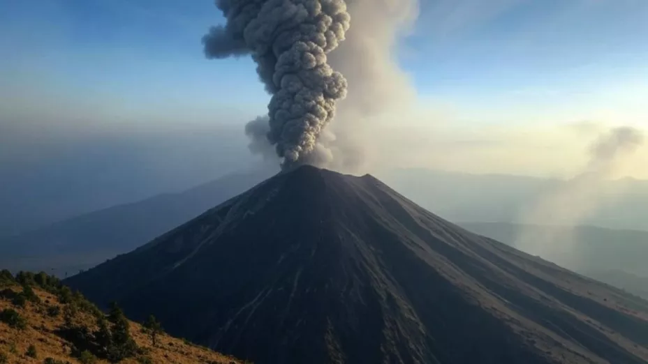 (Imagen generada con inteligencia artificial) El volcán del Pico de Orizaba en una posible explosión.