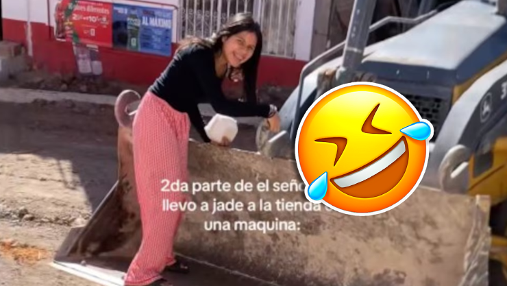 VIDEO_ ¡Para no perder el glamour! Constructor cruza a mujer con retroexcavadora; iba por tortillas.webp