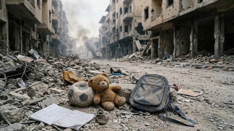 Fotografía horizontal hiperrealista y simbólica sobre la infancia en guerra… un salón de clases destruido en Medio Oriente, con pupitres rotos, cuadernos cubiertos de polvo y un rayo de luz entrando entre muros colapsados… al centro, un osito de peluche y un zapato infantil entre escombros…
