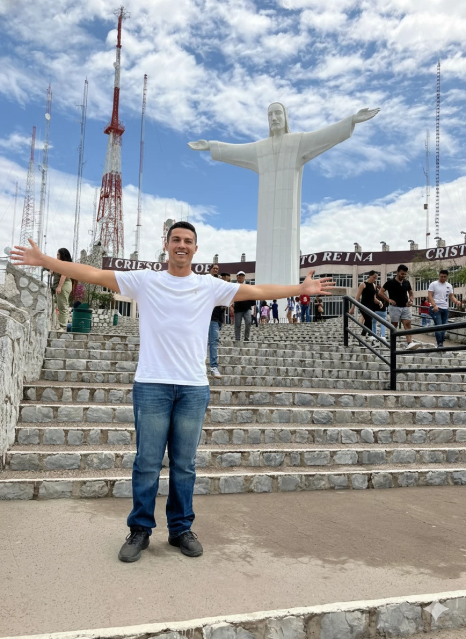 Cristiano Ronaldo posando feliz junto al Cristo de las Noas.