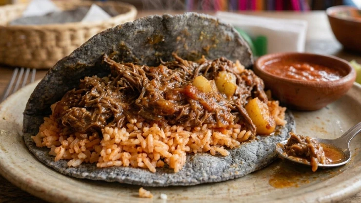 Un taco acorazado o de morelos con arroz y carne.