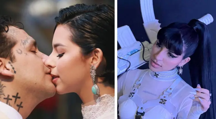 Una imagen de Christian Nodal y su pareja Ángela Aguilar y por otro lado la de la artista argentina Cazzu