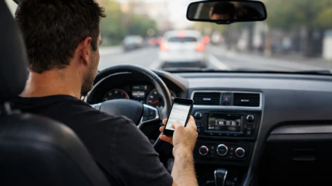 Un hombre se distrae con su teléfono móvil mientras conduce.
