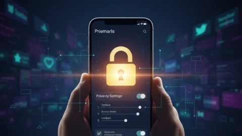 Fotografía realista en formato horizontal que represente la protección de datos personales, una persona sosteniendo un teléfono inteligente con la pantalla mostrando configuraciones de privacidad, un ícono de candado brillante sobre la pantalla, fondo desenfocado con interfaz de redes sociales, tonos azul oscuro y ambiente tecnológico, líneas digitales sutiles flotando alrededor, estética moderna y minimalista, iluminación cinematográfica, alta definición, profundidad de campo reducida, sin texto, sin logotipos, relación de aspecto 16:9.