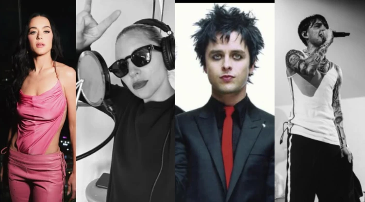 Foto compuesta por cuatro rectángulos, donde aparecen cantantes como Katy Perry, Lady Gaga, Green Day y Peso Pluma