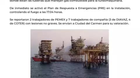 Comunicado oficial de PEMEX sobre la explosión de la plataforma petrolera Akal Bravo en Campeche