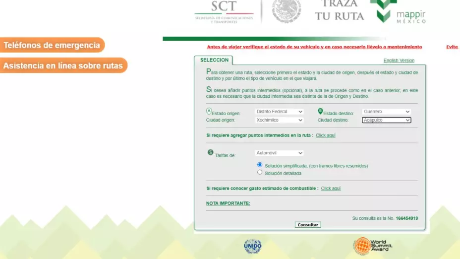 El sitio web de «Traza tu Ruta» de la SCT para consultar el costo de las casetas en México.