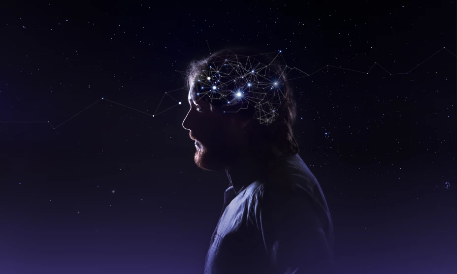 Profile of a bearded man head with symbol neurons in brain. Thinking like stars, the cosmos inside human, background night sky