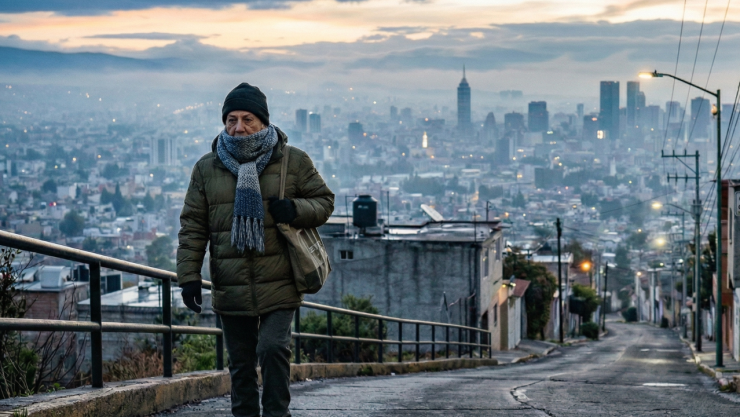 Fotografía profesional de estilo periodístico capturada al amanecer en una zona alta de la Ciudad de México. Se observa a una persona caminando, muy bien abrigada con chamarra gruesa y una bufanda que cubre perfectamente su nariz y boca. El fondo muestra una ligera neblina sobre el paisaje urbano bajo una luz fría y azulada de madrugada.