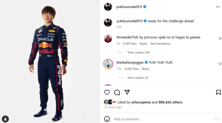 Checo Pérez le da like a Yuki Tsunoda en Instagram por llegar a Red Bull Racing