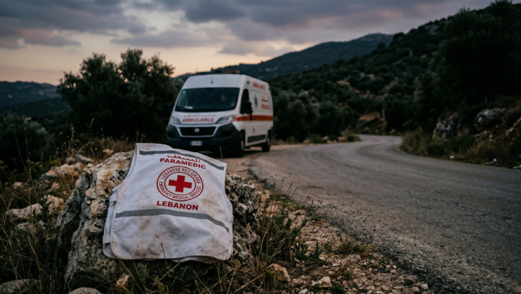 Una toma cinematográfica y respetuosa a nivel de suelo en un camino rural del sur de Líbano al atardecer. En primer plano, un chaleco médico blanco con un emblema de salud universal, ligeramente cubierto de polvo, colocado sobre una roca. Al fondo, la silueta difuminada de una ambulancia con las luces apagadas y colinas con olivos bajo un cielo melancólico.