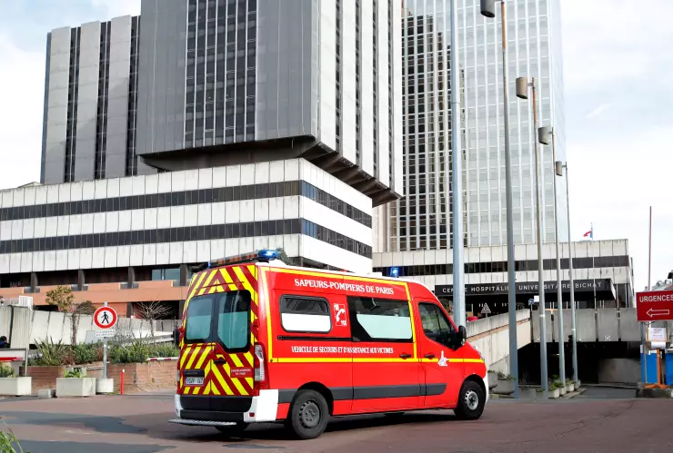 An emergency vehicle arrives at the Bichat Hospital in Paris