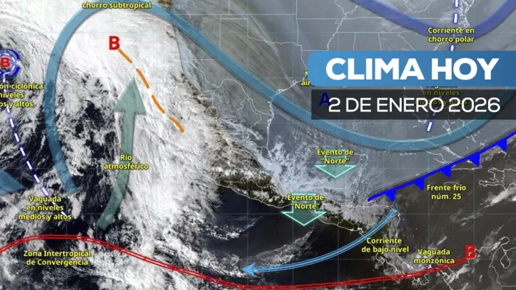 Mapa meteorológico del Servicio Meteorológico Nacional muestra el frente frío 25, masa de aire ártico y zonas de lluvias y vientos en México al iniciar 2026.