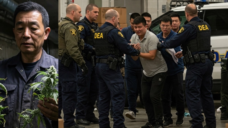 Cultivo ilegal de marihuana de alta potencia THC operado por TCOs chinas en EE.UU., destacando el uso de pesticidas tóxicos de China y la explotación de trabajadores, un tema central del Informe DEA 2025.
