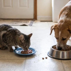 Un gato comiendo alimento húmedo en un plato azul y un perro comiendo croquetas en un tazón metálico dentro de una cocina, destacando por qué debes lavar el plato de tu perro o gato todos los días.