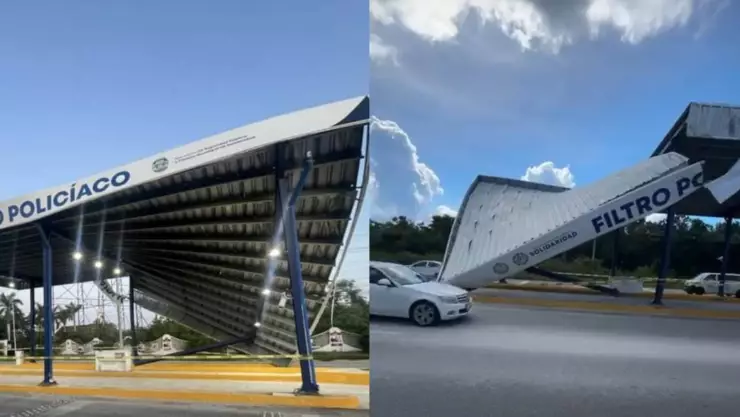 Conductor derriba estructura metálica en carretera Playa del Carmen - Cancún; iba en estado de ebriedad