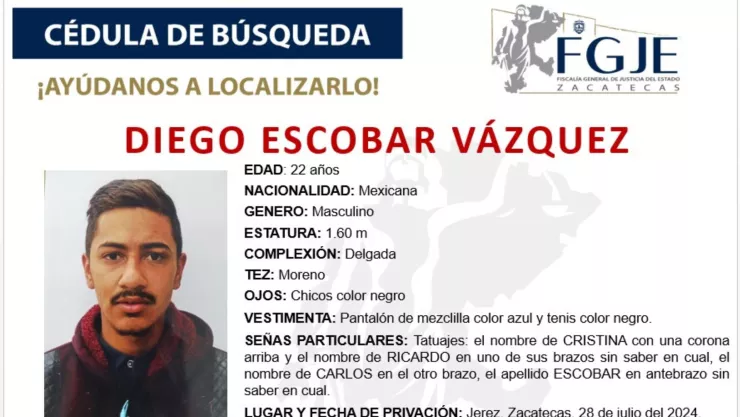 Reportan desaparición de Diego Escobar Vázquez de 22 años en Jerez, Zacatecas; esto es lo que se sabe