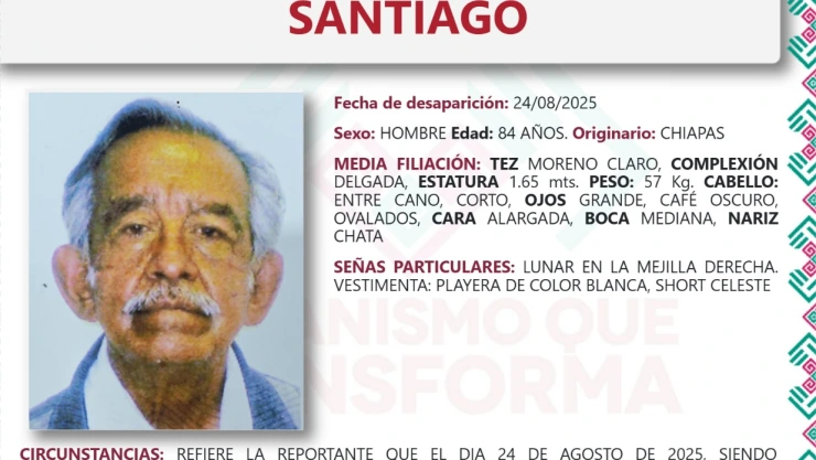 ¡Abuelito desaparece en Tuxtla Gutiérrez! Familiares buscan a Javier Escolastico
