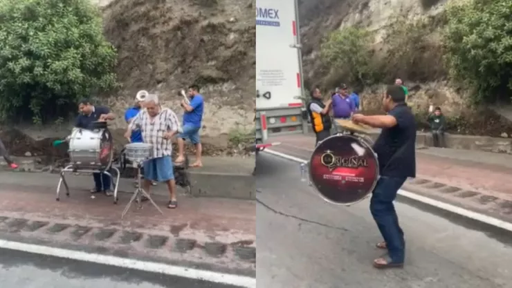 Banda sinaloense toca en la carretera en Querétaro
