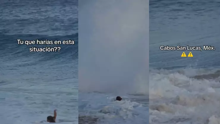 ¡Momento de terror! Mujer es sorprendida por enormes olas de mar en Los Cabos _ VIDEO.jpg