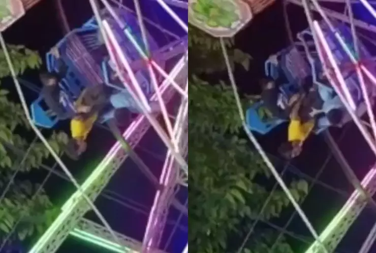 Jóvenes estuvieron a punto de caer al quedar de cabeza en la rueda de la fortuna en India